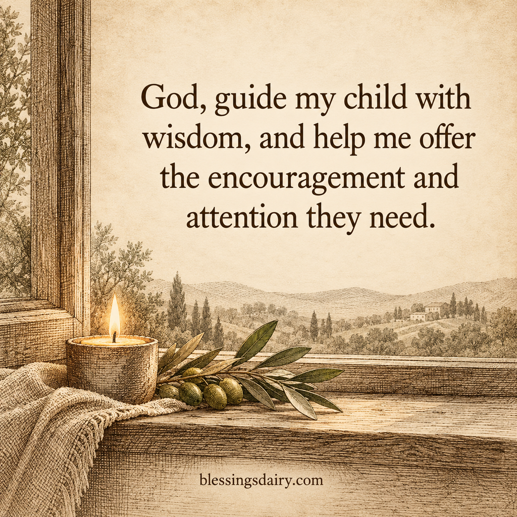 Engraved candle and olive sprig beside a parent's prayer for wisdom and encouragement for their child.
