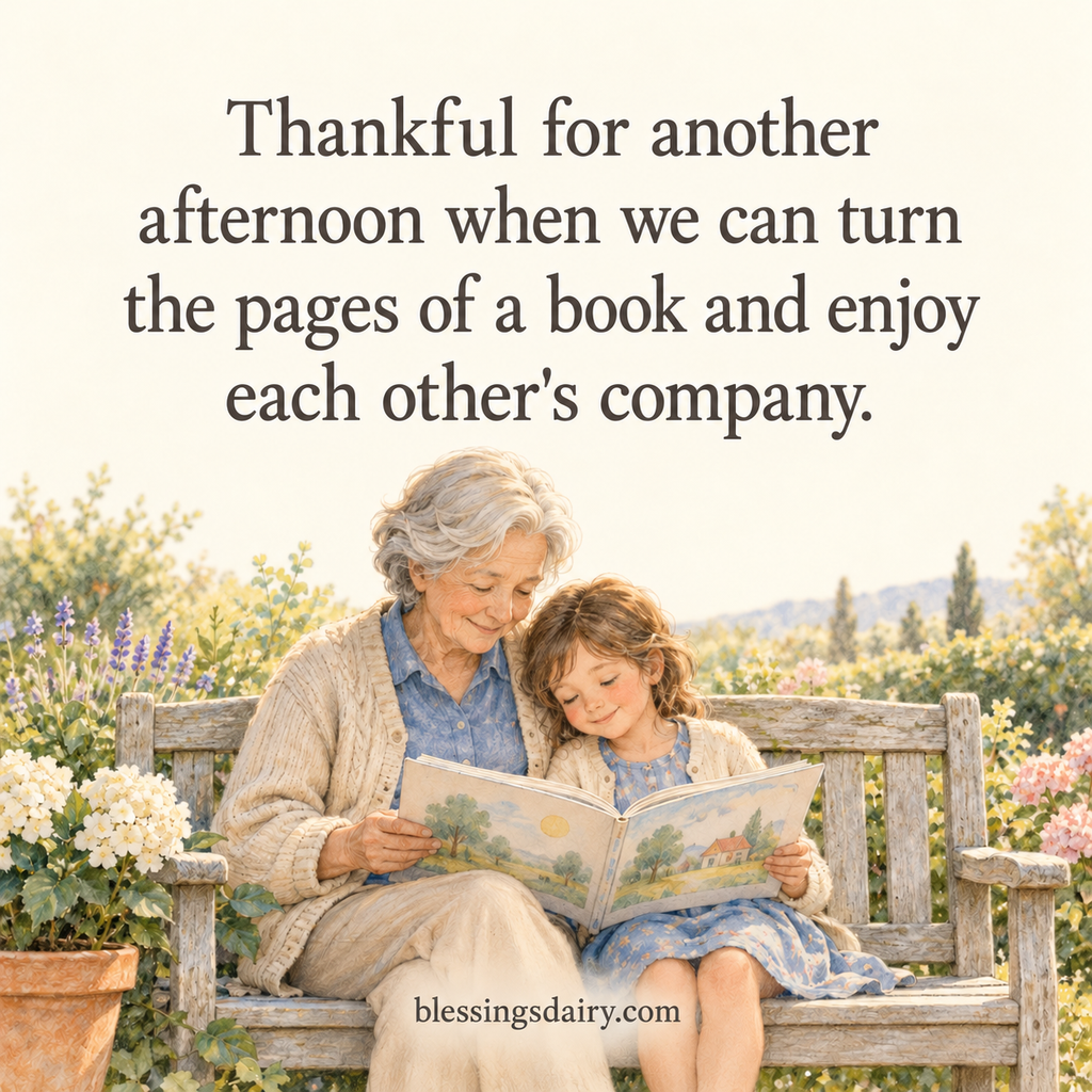 Storybook illustration of a grandparent and grandchild reading beside a quote about enjoying shared time.