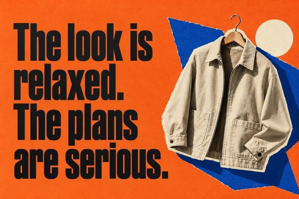 Bold orange fashion graphic reading: The look is relaxed. The plans are serious.
Optional caption: An easy look and a clear direction.