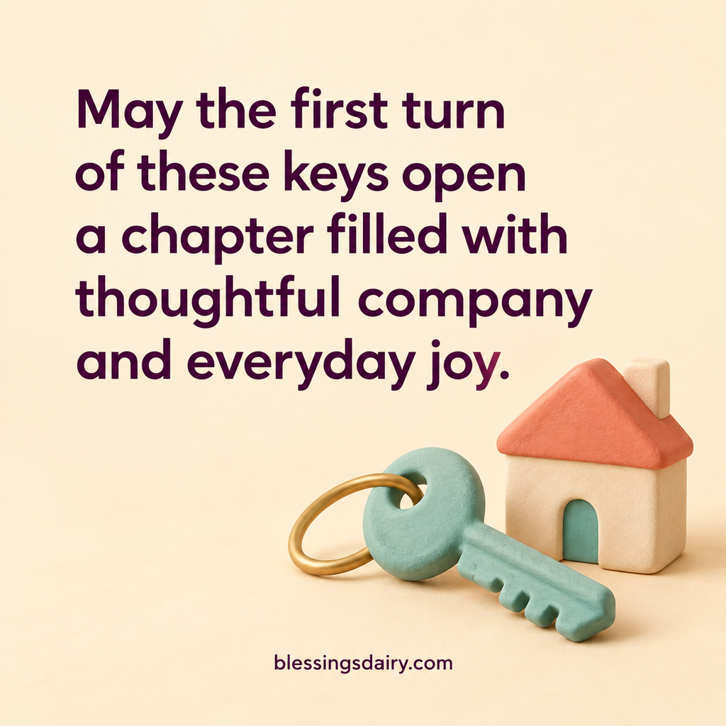  Clay key and house-shaped tile beside a new-home blessing about opening a joyful chapter.
