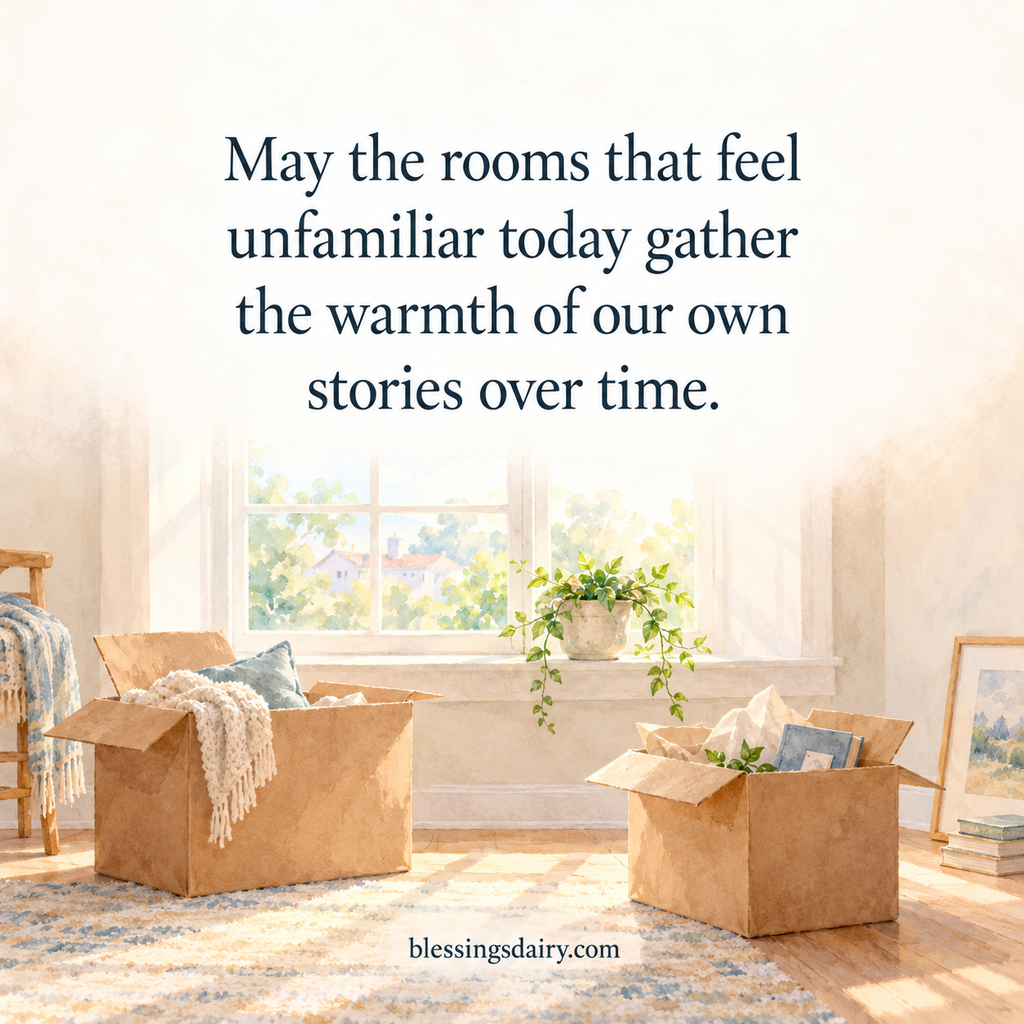 Watercolor room and unpacking boxes with a blessing for new rooms to gather the warmth of personal stories