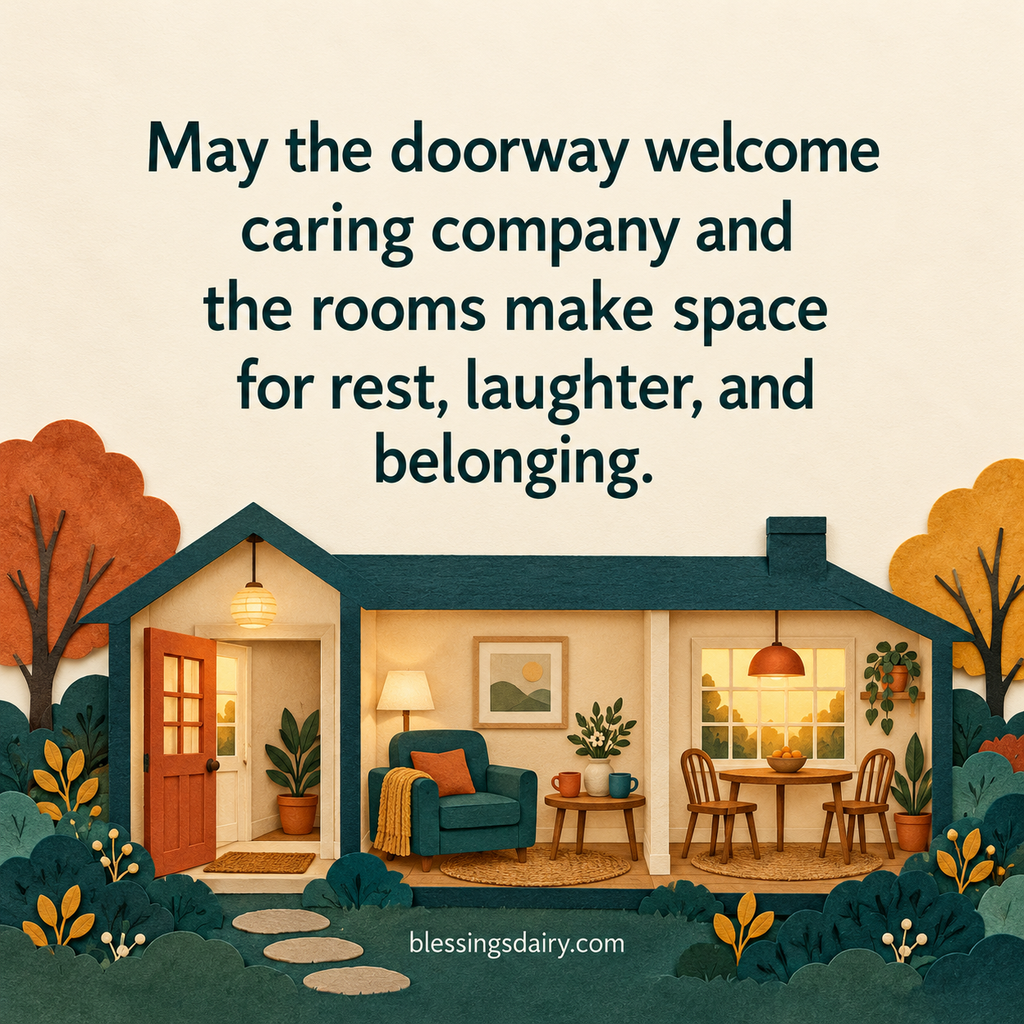 Cut-paper home scene beside a blessing for caring company, rest, laughter and belonging.