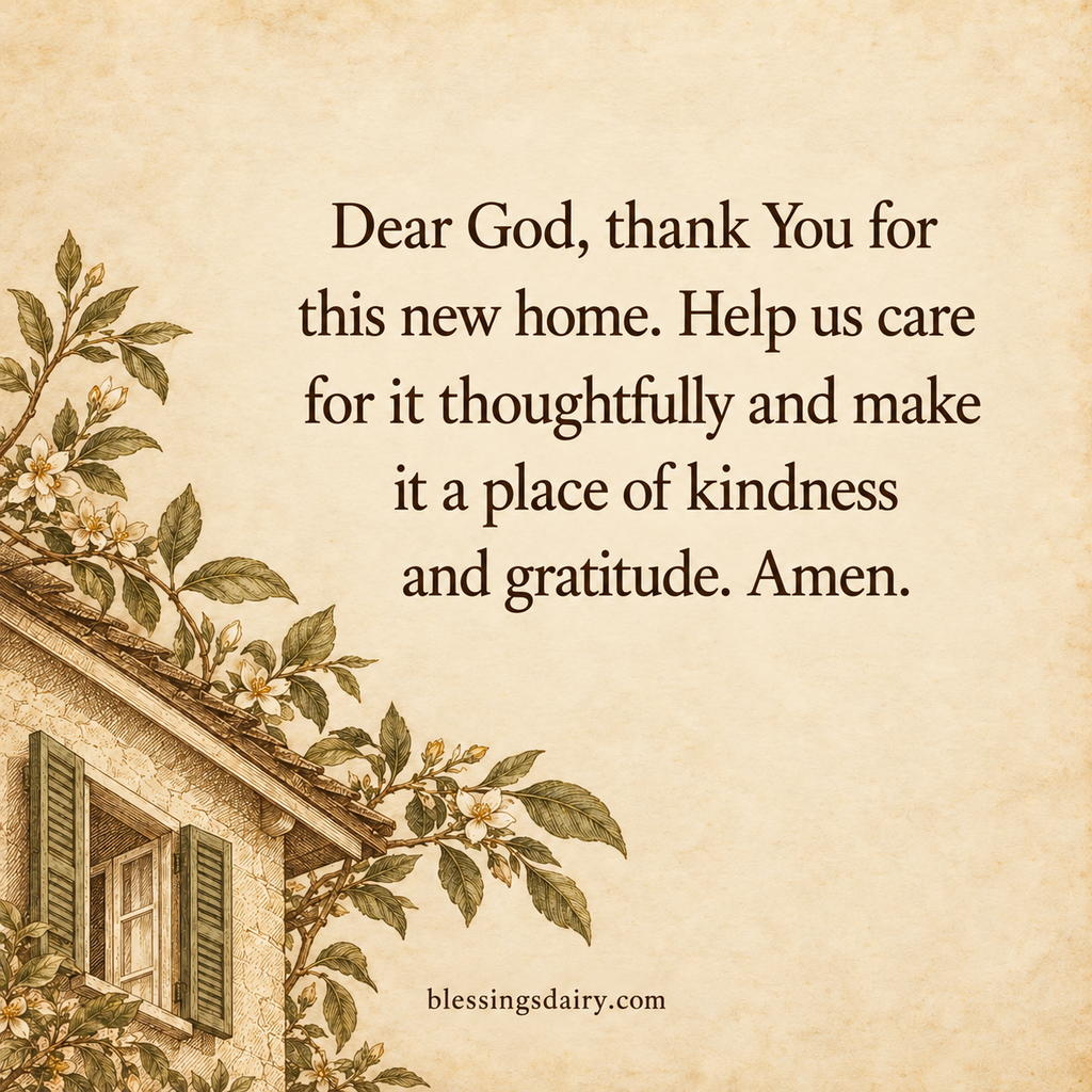 Engraved roofline and botanical branch beside a new-home prayer for thoughtful care, kindness and gratitude.
