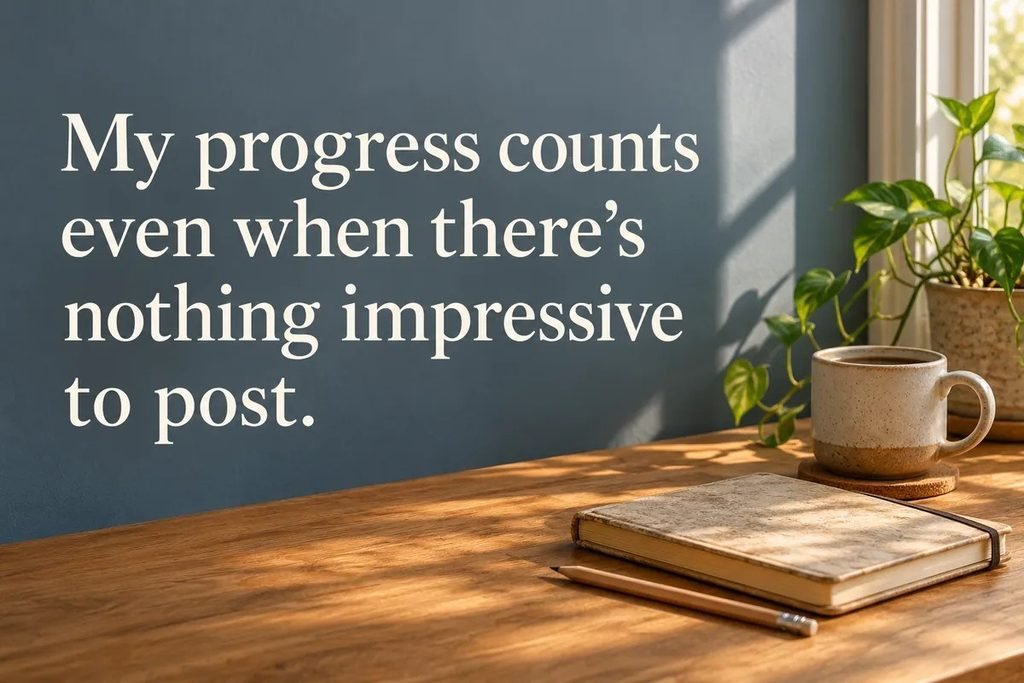 Quiet desk scene beside the quote: My progress counts even when there’s nothing impressive to post.