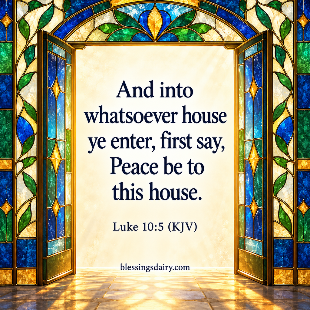 Stained-glass doorway framing Luke 10:5 KJV, including Peace be to this house.
