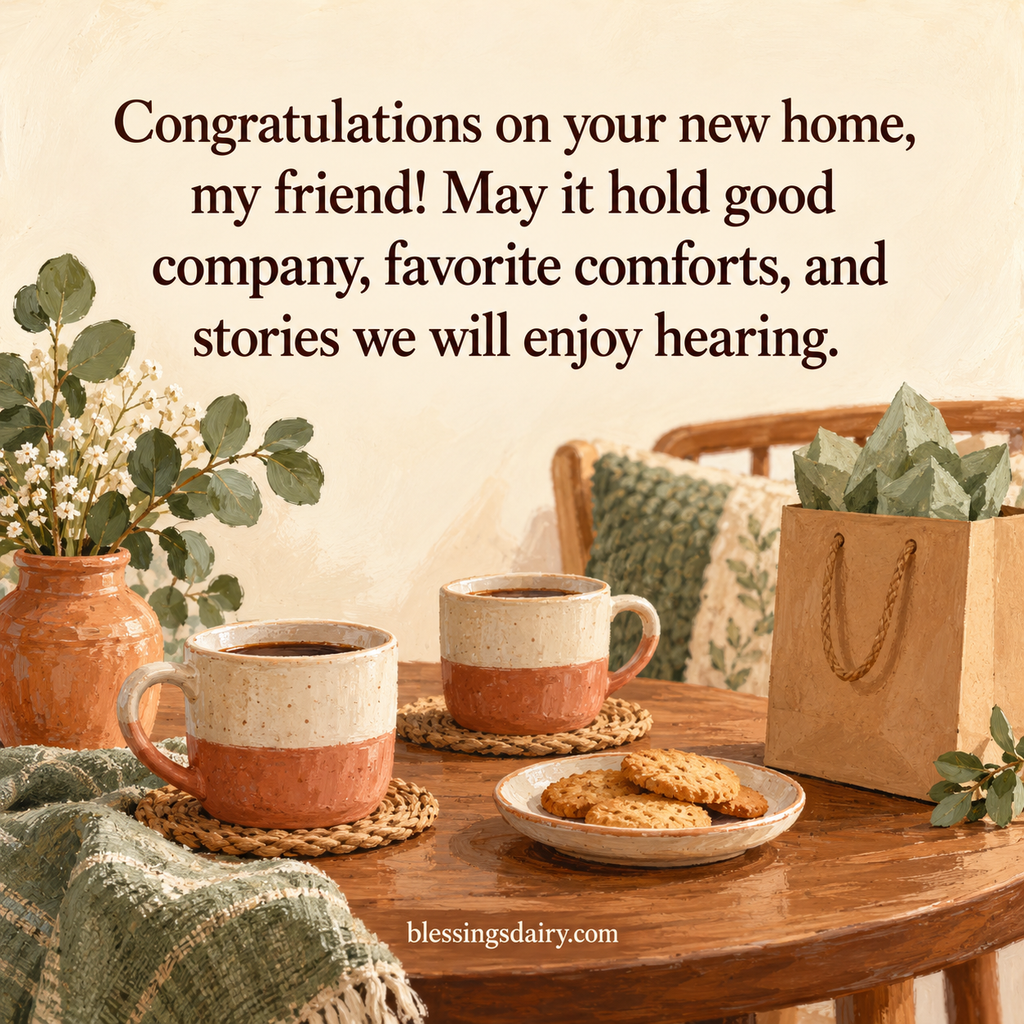 Gouache cups and a gift bag beside a housewarming blessing wishing a friend good company and favorite comforts.
