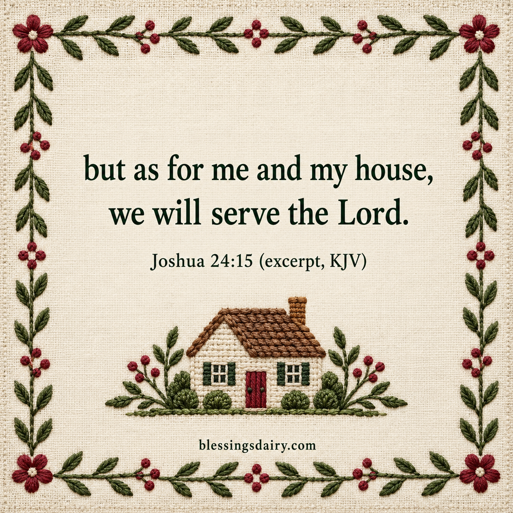Embroidered house framing the Joshua 24:15 KJV excerpt about a household serving the Lord.
