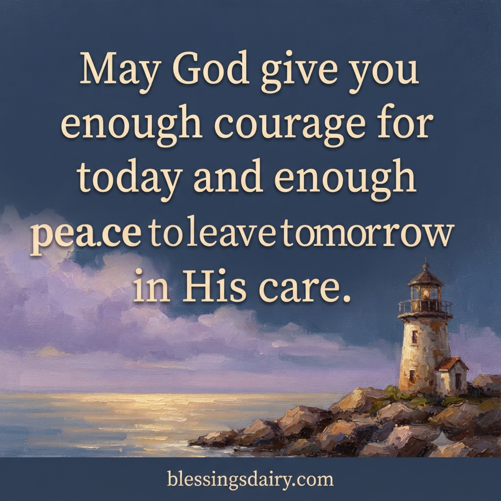 Oil-painted lighthouse beside a prayer for courage today and peace about tomorrow.