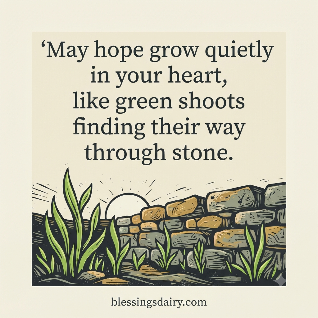 Linocut green shoots beside stone with an original blessing about hope growing quietly.