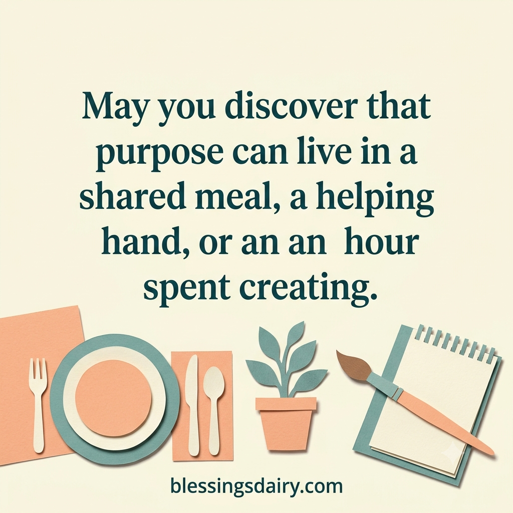 Cut-paper meal settings, plant and sketchbook beneath a retirement blessing about finding purpose in everyday moments.