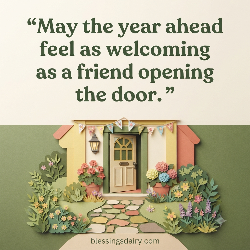  Paper-cut cottage doorway with birthday bunting and a wish for a welcoming year ahead.
