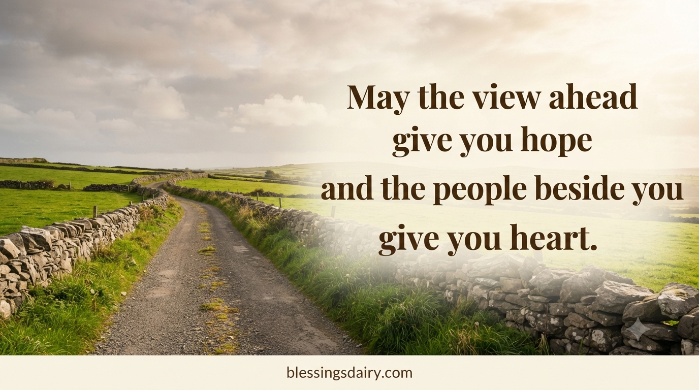 Green countryside and a winding lane with an original blessing about hope and companionship.