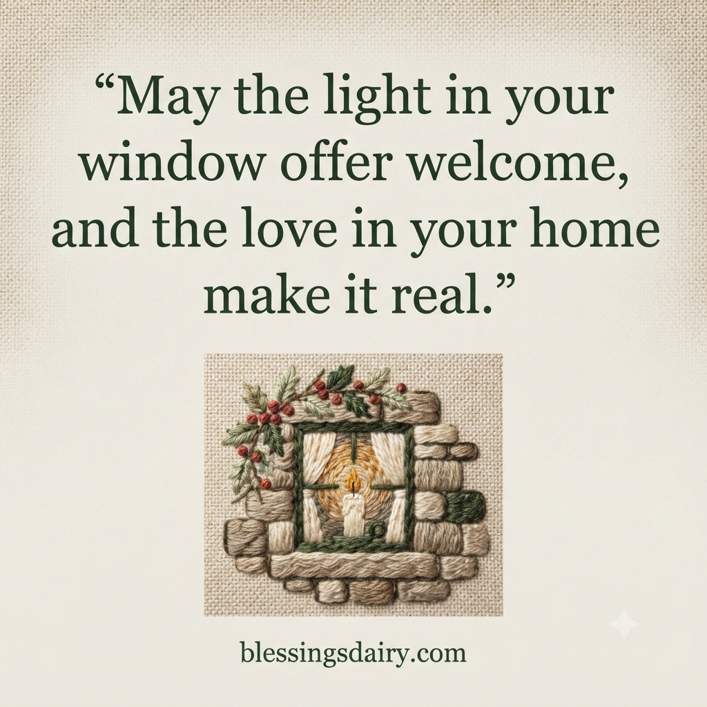 Embroidered candlelit cottage window beneath a Christmas blessing about welcome and love.
