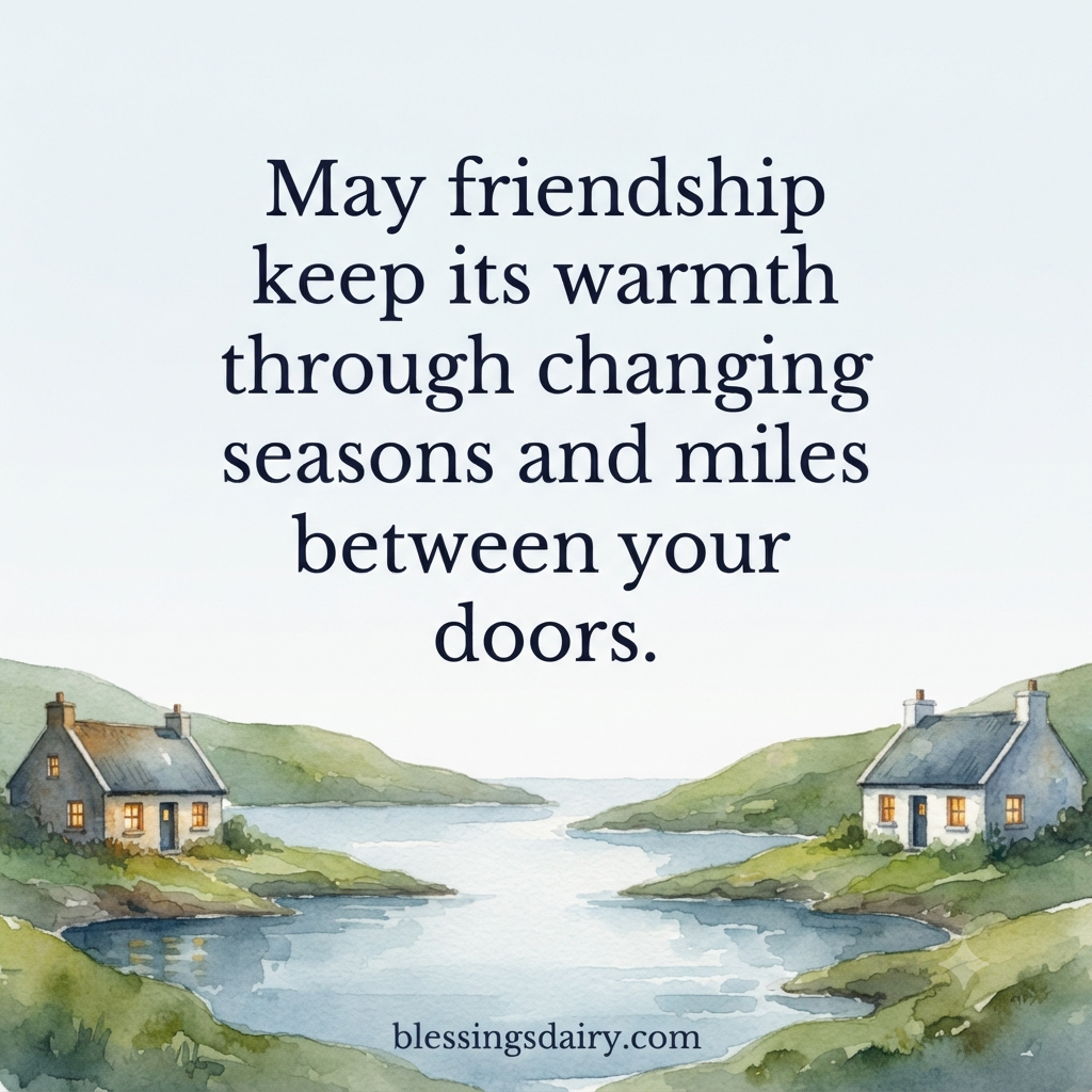  Watercolor cottages across a quiet inlet beside a wish for friendship through changing seasons.