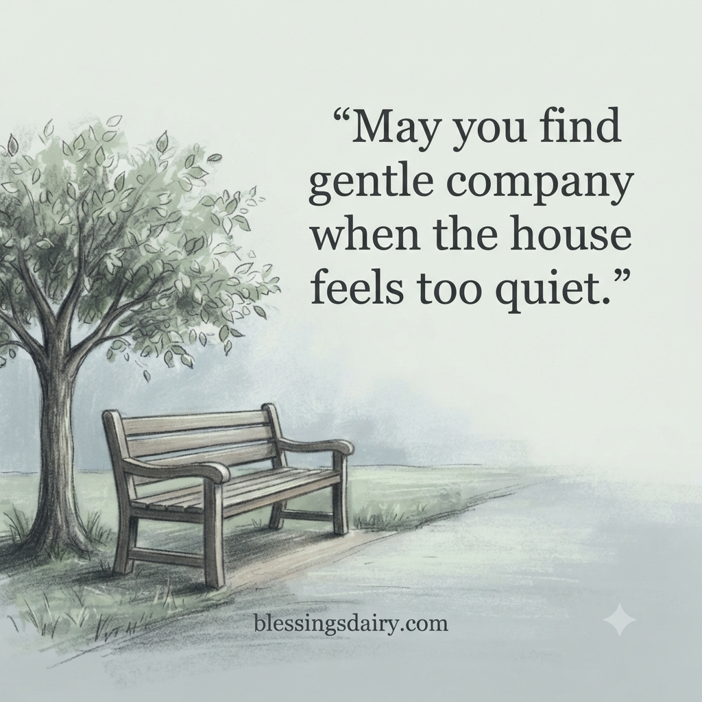 Quiet charcoal bench beneath a tree with a gentle blessing for company during grief.
