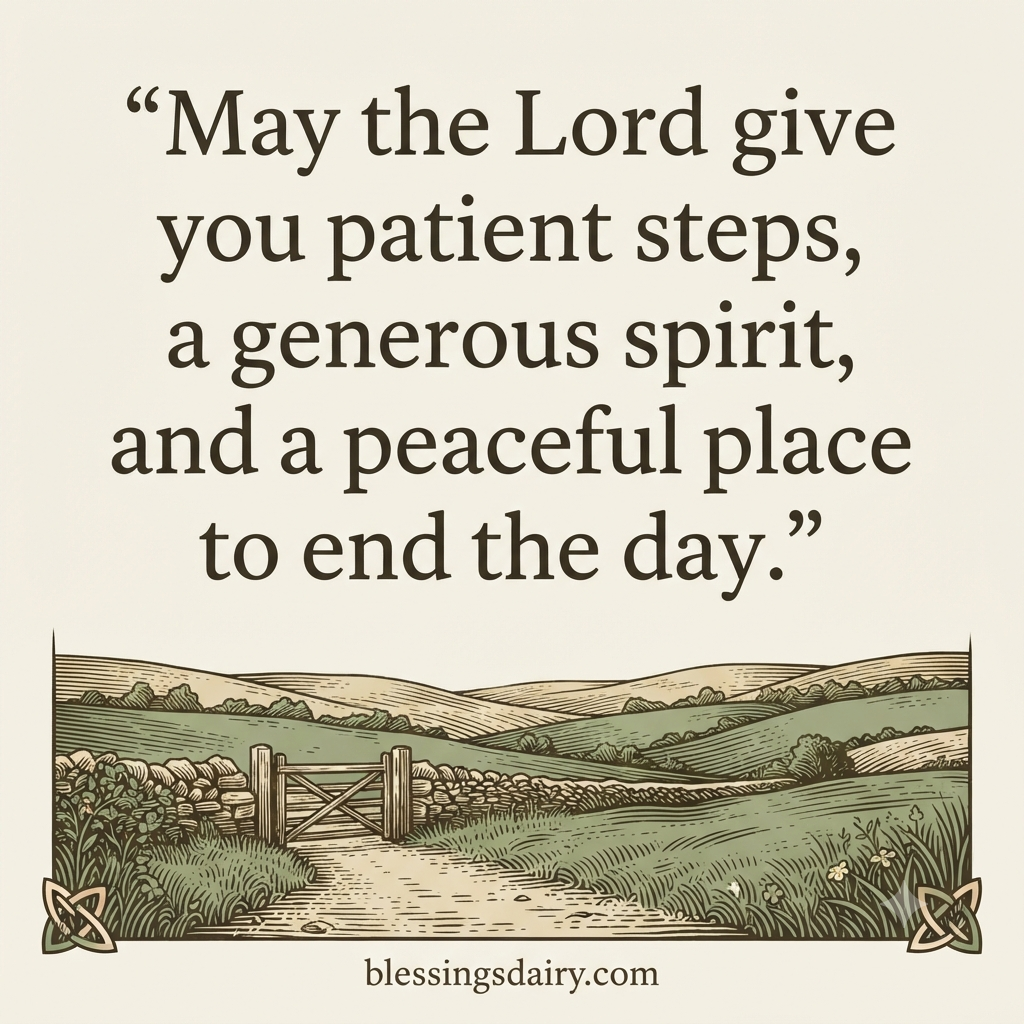 Engraved countryside path beside an original prayer for patient steps and a generous spirit.
