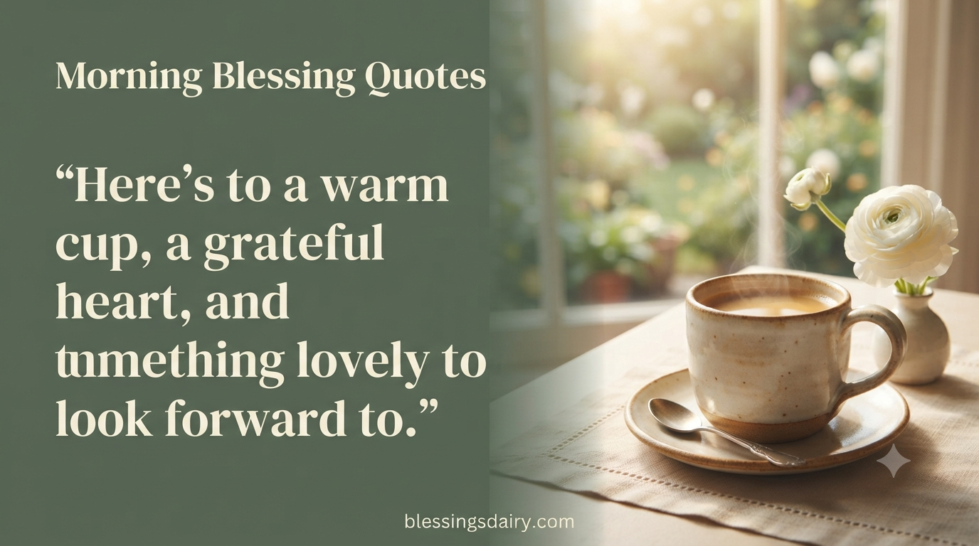 Sunlit coffee and a white flower beside a morning wish for a grateful heart and something lovely ahead.