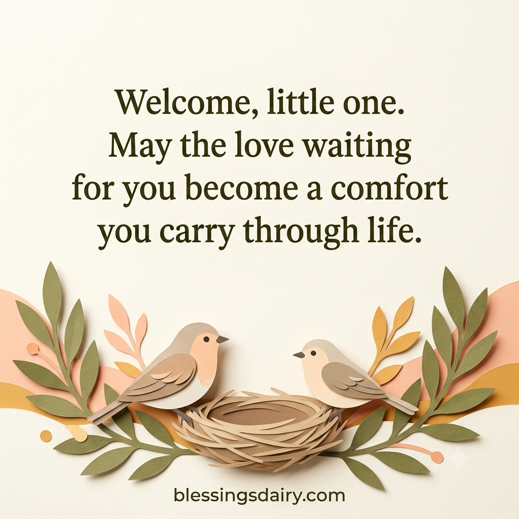 Layered paper birds beside a nest with a loving welcome blessing for a newborn