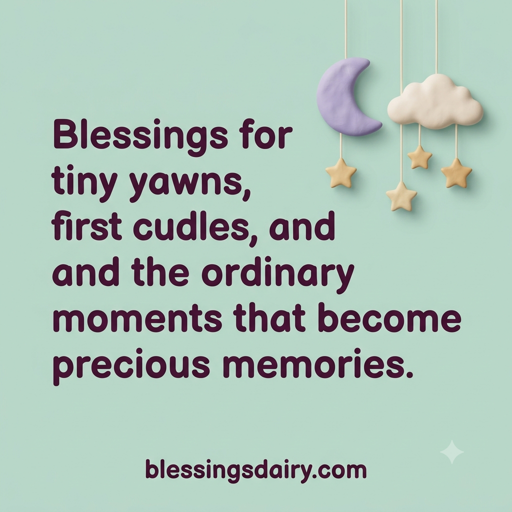 Clay moon, cloud and star mobile beside a blessing for a newborn's precious little moments
