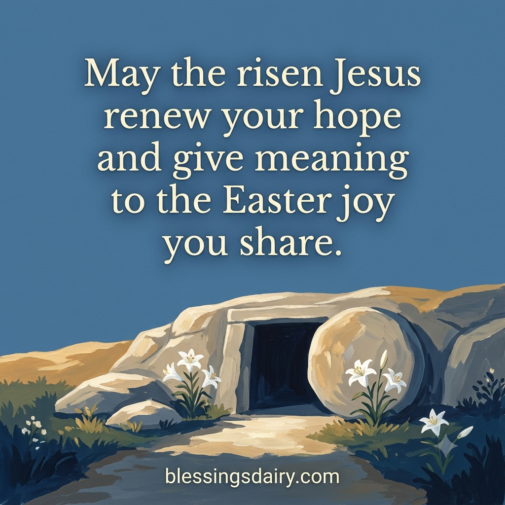 Gouache garden and open tomb at dawn beside an Easter blessing about renewed hope in Jesus.

