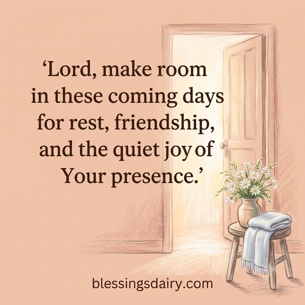 Pastel doorway lit by morning sunlight beside daisies and a blanket, with a retirement prayer.
