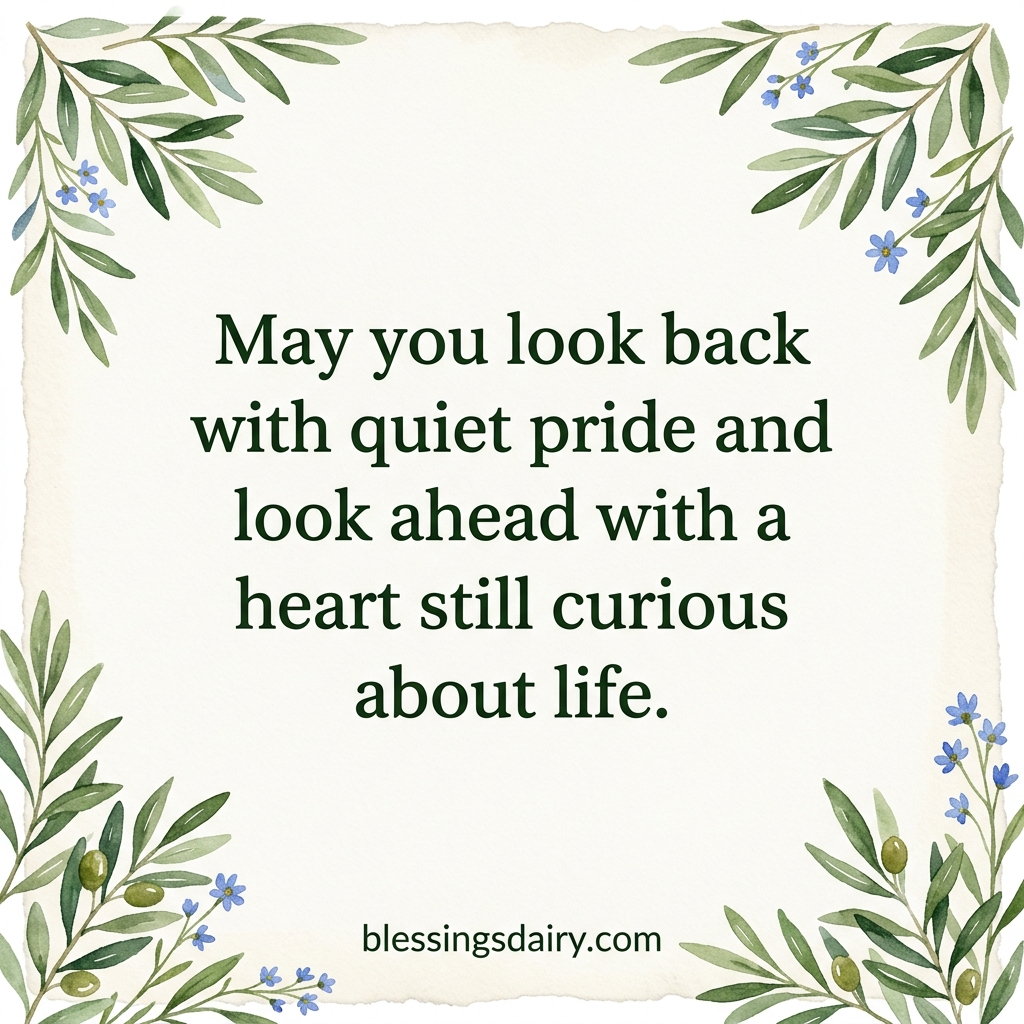 Watercolor olive branches and blue wildflowers framing a Retirement Blessing Quotes about pride and curiosity.
