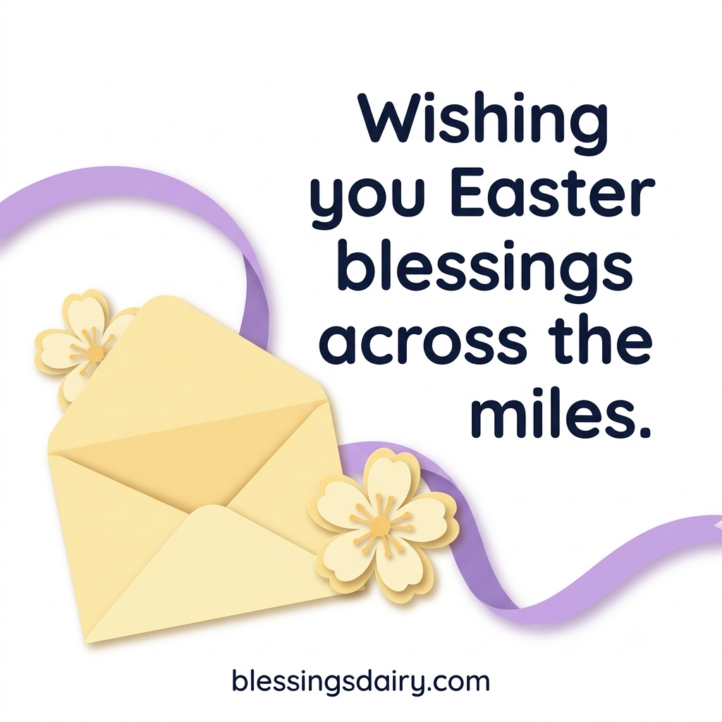 Paper-cut envelope and spring blossoms with Easter wishes sent across the miles.