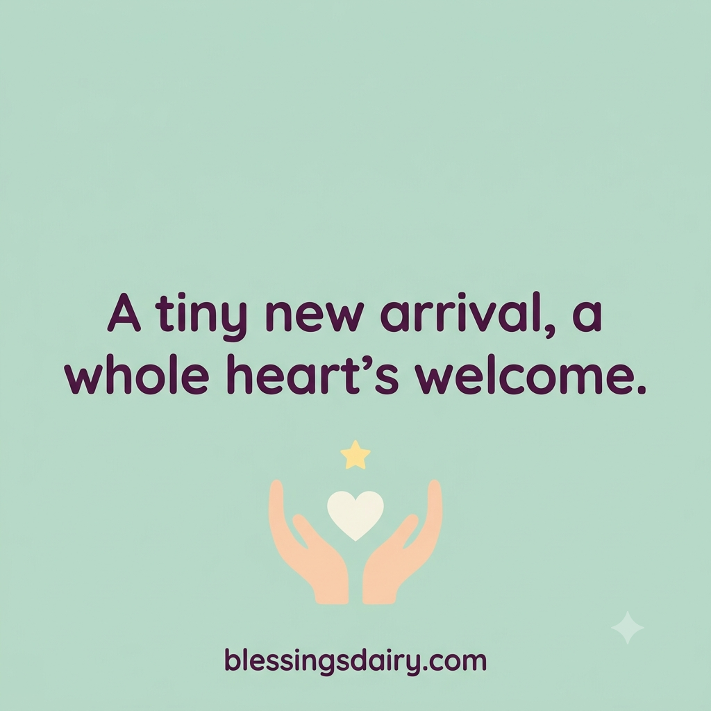 Minimal heart and hand shapes beneath a short welcome blessing for a new baby
