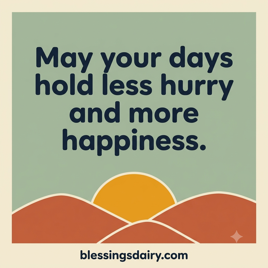 Retro amber sun and terracotta hills below a short retirement blessing about less hurry and more happiness.
