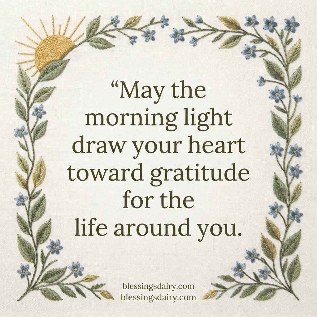  Embroidered sunrise and leaves surrounding a morning blessing about gratitude for life.